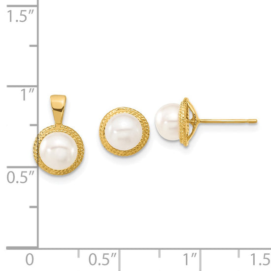 14k 5-6mm White Button Freshwater Cultured Pearl Post Earrings and Pendant Set