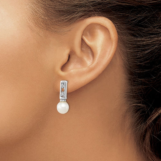 14k White Gold 3-4mm White Round Freshwater Cultured Pearl and .02 carat Diamond Bar Post Earrings