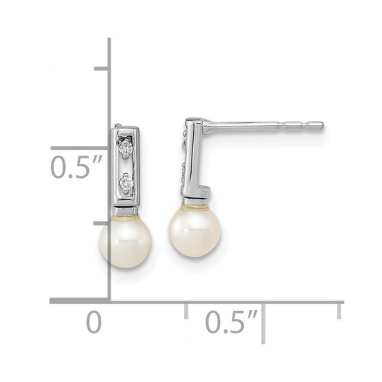 14k White Gold 3-4mm White Round Freshwater Cultured Pearl and .02 carat Diamond Bar Post Earrings
