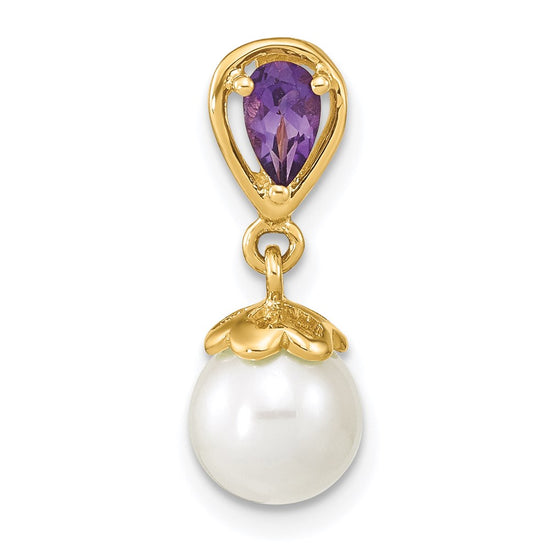 14K 7-8mm Round White Freshwater Cultured Pearl and Pear Amethyst Chain Slide