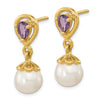 14K 6-7mm White Round Freshwater Cultured Pearl and 3.08AM Pear Amethyst Post Dangle Earrings