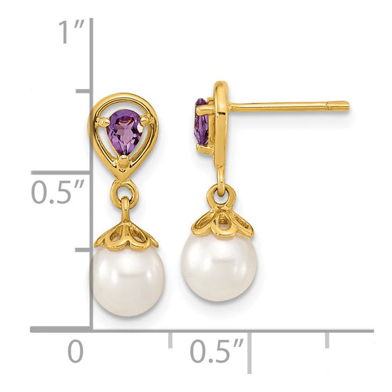 14K 6-7mm White Round Freshwater Cultured Pearl and 3.08AM Pear Amethyst Post Dangle Earrings