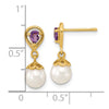 14K 6-7mm White Round Freshwater Cultured Pearl and 3.08AM Pear Amethyst Post Dangle Earrings