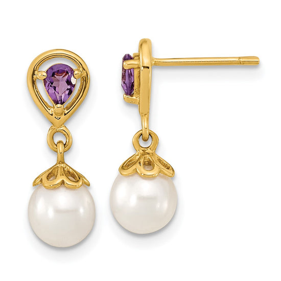 14K 6-7mm White Round Freshwater Cultured Pearl and 3.08AM Pear Amethyst Post Dangle Earrings