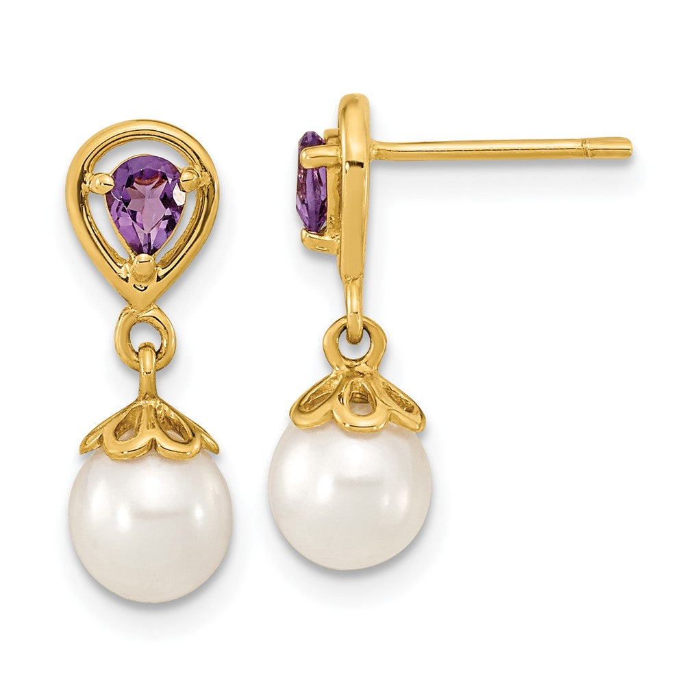 14K 6-7mm White Round Freshwater Cultured Pearl and 3.08AM Pear Amethyst Post Dangle Earrings