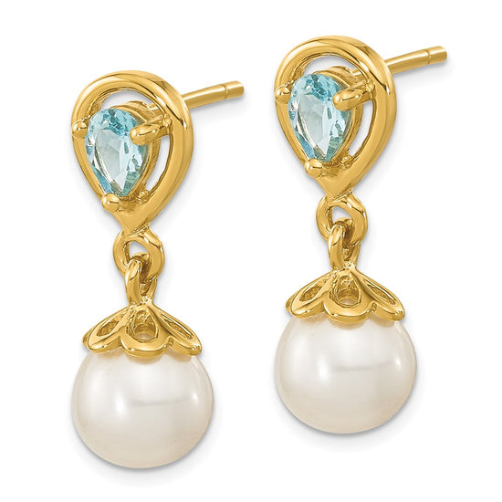 14K 6-7mm White Round Freshwater Cultured Pearl and 3.14BT Pear Light Swiss Blue Topaz Dangle Post Earrings