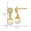 14K 6-7mm White Round Freshwater Cultured Pearl and 3.14BT Pear Light Swiss Blue Topaz Dangle Post Earrings