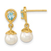14K 6-7mm White Round Freshwater Cultured Pearl and 3.14BT Pear Light Swiss Blue Topaz Dangle Post Earrings