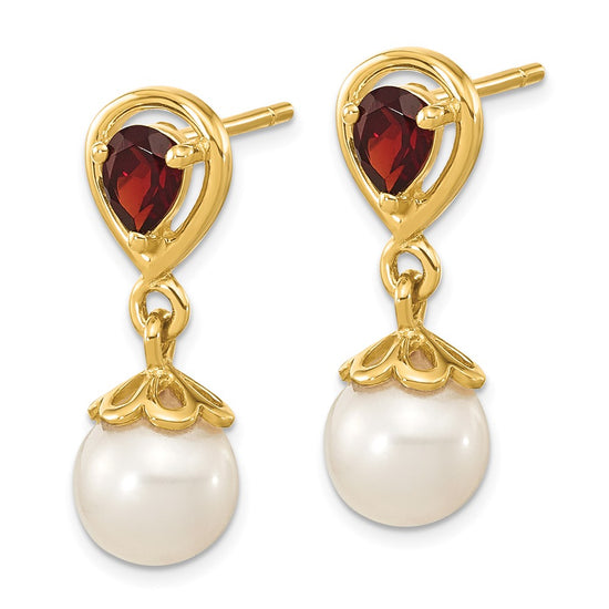 14K 6-7mm White Round Freshwater Cultured Pearl and 3.20GA Pear Mozambique Garnet Dangle Post Earrings
