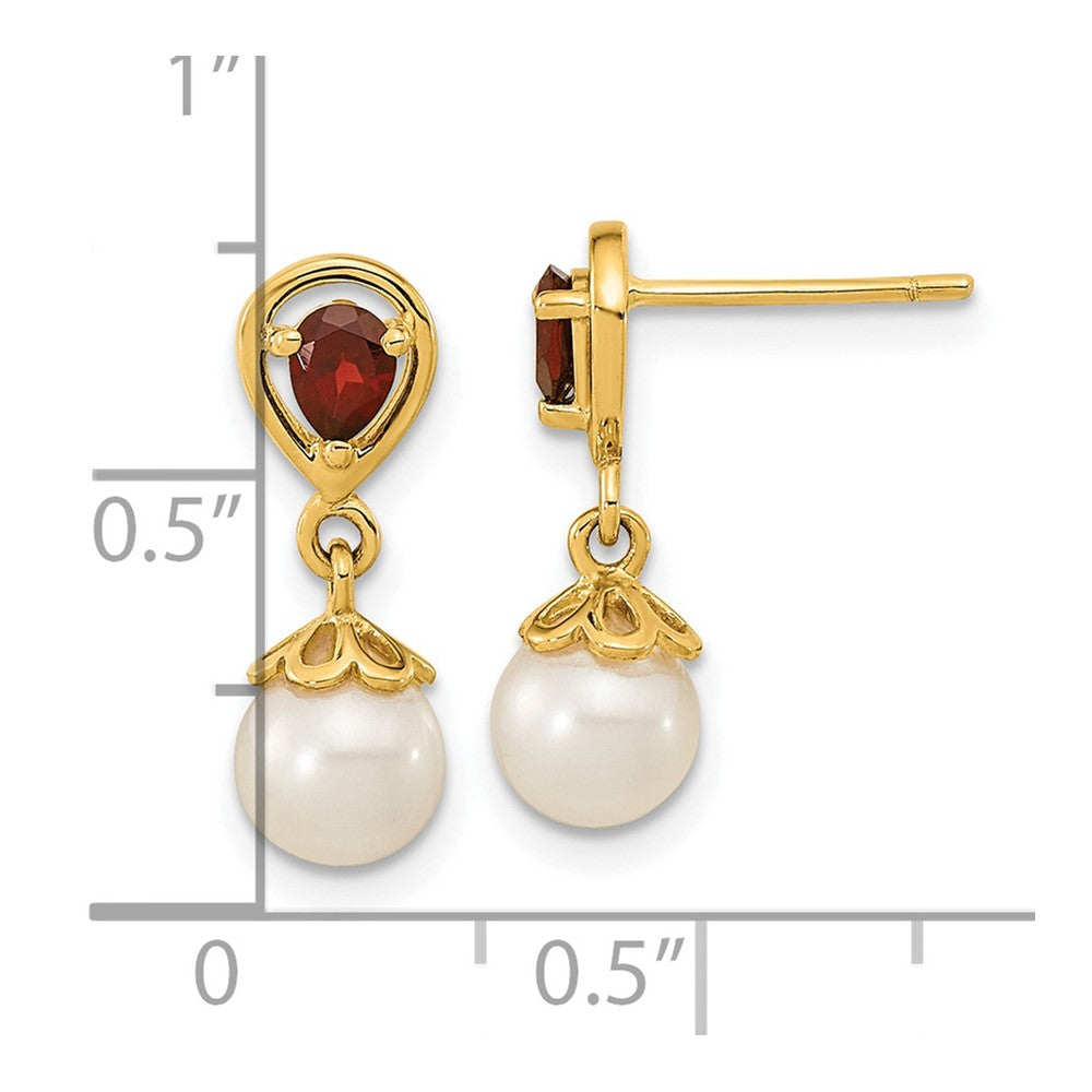 14K 6-7mm White Round Freshwater Cultured Pearl and 3.20GA Pear Mozambique Garnet Dangle Post Earrings