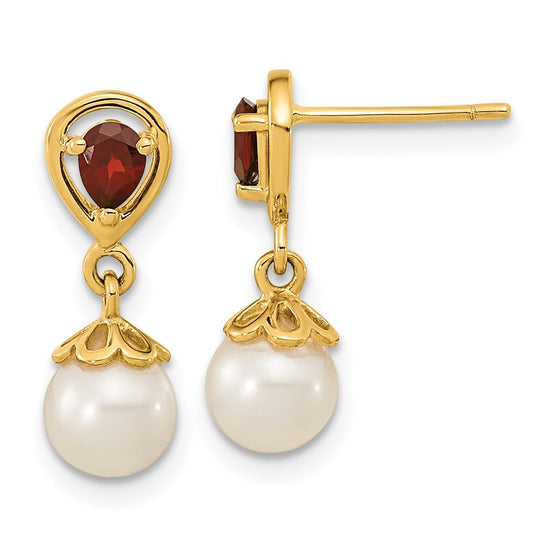 14K 6-7mm White Round Freshwater Cultured Pearl and 3.20GA Pear Mozambique Garnet Dangle Post Earrings
