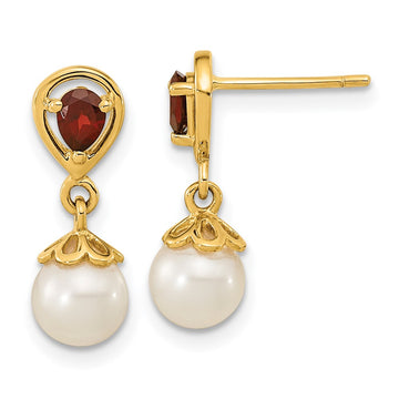 14K 6-7mm White Round Freshwater Cultured Pearl and 3.20GA Pear Mozambique Garnet Dangle Post Earrings