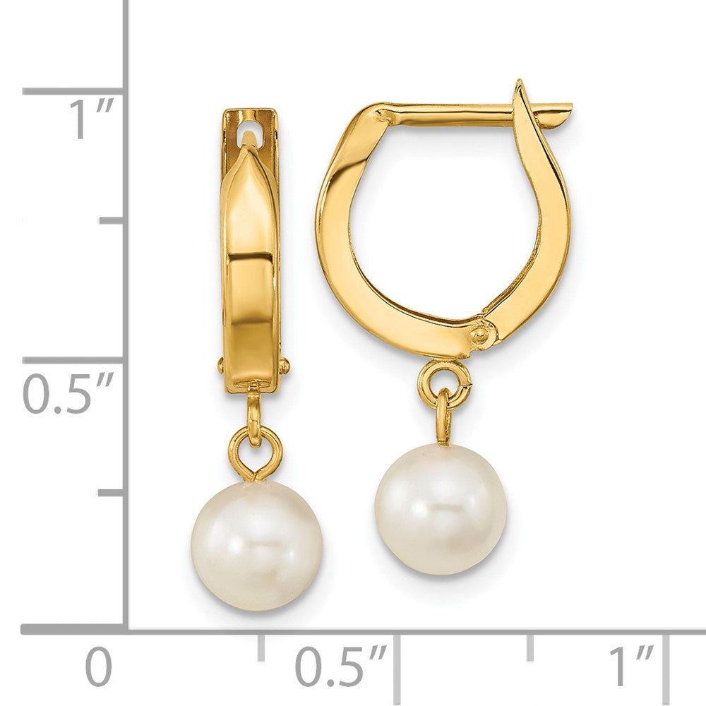 14k 6-7mm White Round Akoya Saltwater Cultured Pearl Dangle Hinged Hoop Earrings