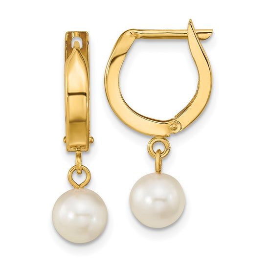14k 6-7mm White Round Akoya Saltwater Cultured Pearl Dangle Hinged Hoop Earrings