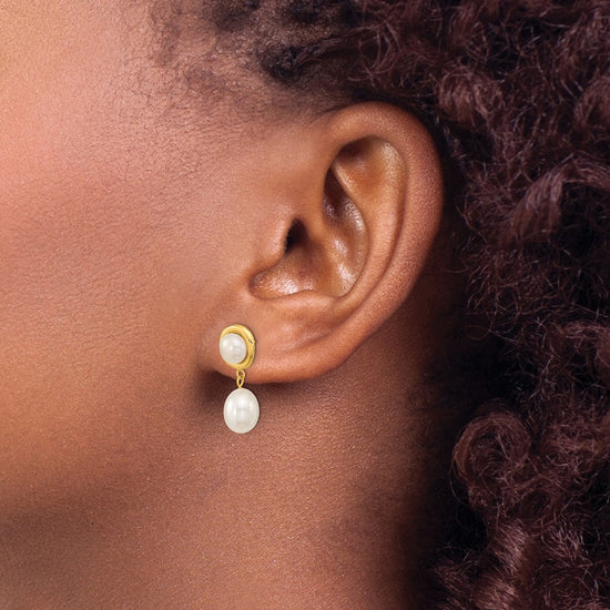 14k 5-7mm White Button and Rice Freshwater Cultured Pearl Post Dangle Earrings