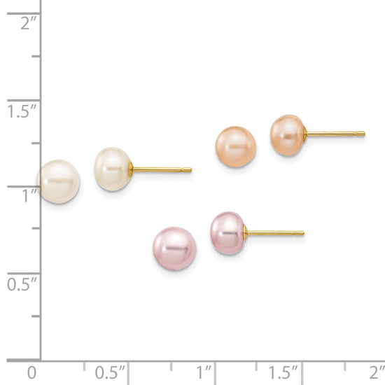 14k 6-7mm Multicolor Button Freshwater Cultured Pearl Boxed 3 Pair Post Earrings Set