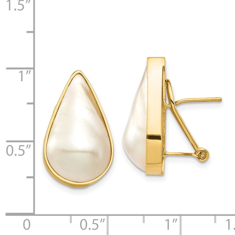 14K 12x20 White Pear Saltwater Cultured Mabe Pearl Omega Back Earrings