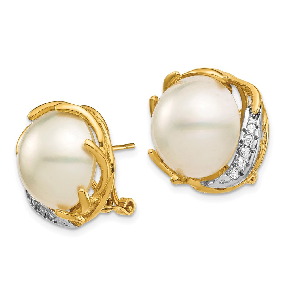 14K 12-13mm Saltwater Cultured Mabe Pearl .10ct Diamond Omega Back Earrings