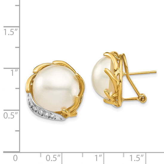 14K 12-13mm Saltwater Cultured Mabe Pearl .10ct Diamond Omega Back Earrings