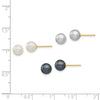 14k 6-6.5mm White/Grey/Black Round Freshwater Cultured Pearl 3 Pair Stud Post Earrings Set