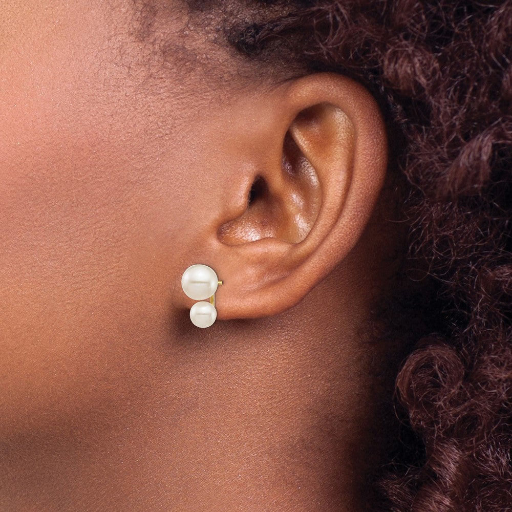 14k 5mm and 7mm White Round Freshwater Cultured Double Pearl Post Earrings