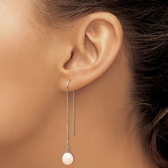 14k White Gold 7-8mm White Teardrop Freshwater Cultured Pearl Threader Earrings