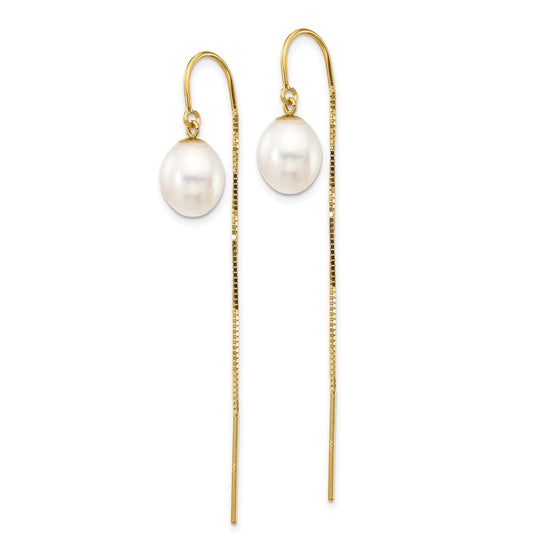 14k 7-8mm White Rice Freshwater Cultured Pearl Box Chain Threader Earrings