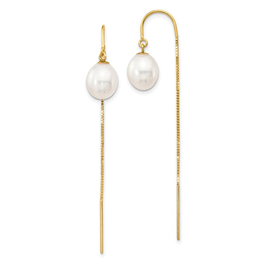 14k 7-8mm White Rice Freshwater Cultured Pearl Box Chain Threader Earrings