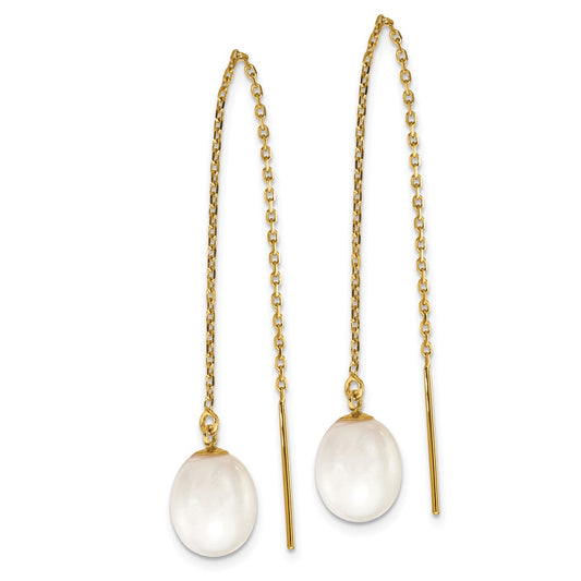 14k 7-8mm White Rice Freshwater Cultured Pearl Cable Chain Threader Earrings