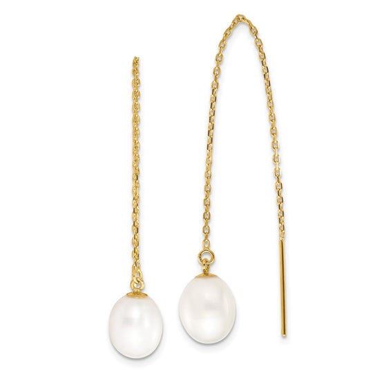 14k 7-8mm White Rice Freshwater Cultured Pearl Cable Chain Threader Earrings