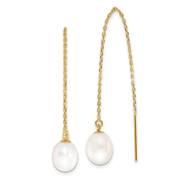 14k 7-8mm White Rice Freshwater Cultured Pearl Cable Chain Threader Earrings