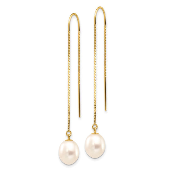 14k 7-8mm White Rice Freshwater Cultured Pearl Box Chain Threader Earrings