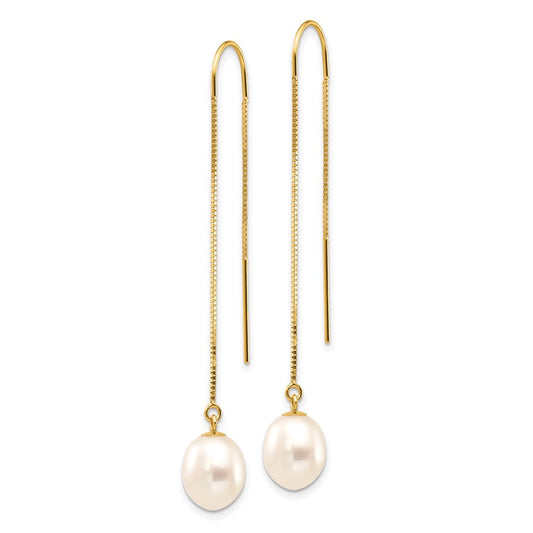 14k 7-8mm White Rice Freshwater Cultured Pearl Box Chain Threader Earrings