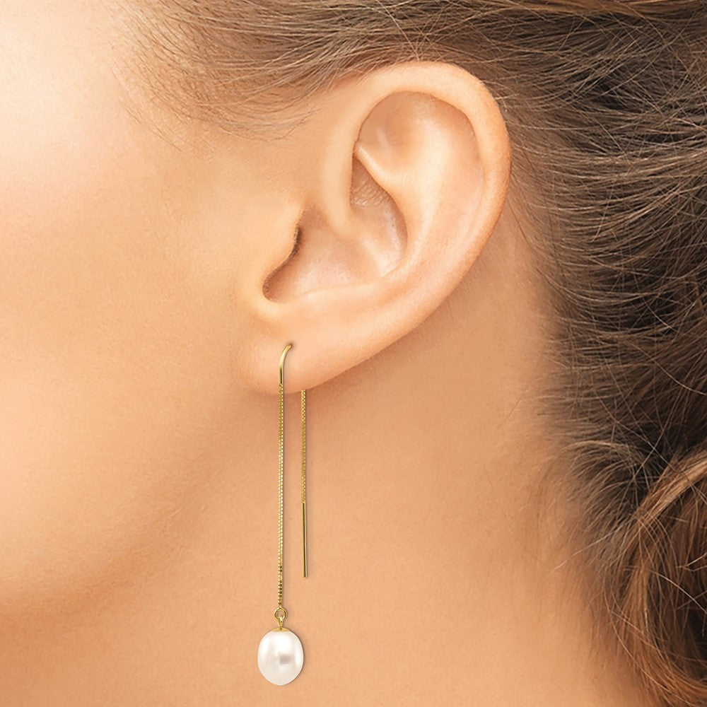14k 7-8mm White Rice Freshwater Cultured Pearl Box Chain Threader Earrings