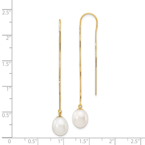 14k 7-8mm White Rice Freshwater Cultured Pearl Box Chain Threader Earrings