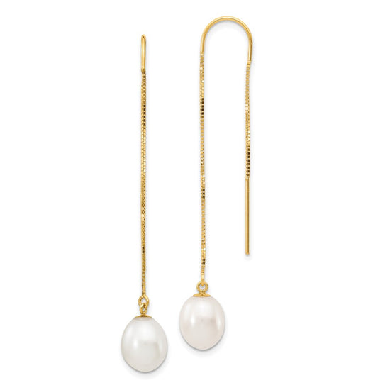 14k 7-8mm White Rice Freshwater Cultured Pearl Box Chain Threader Earrings