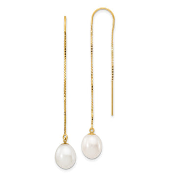 14k 7-8mm White Rice Freshwater Cultured Pearl Box Chain Threader Earrings