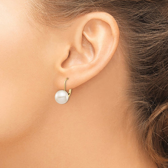 14K 9-10mm White Round Freshwater Cultured Pearl Leverback Earrings