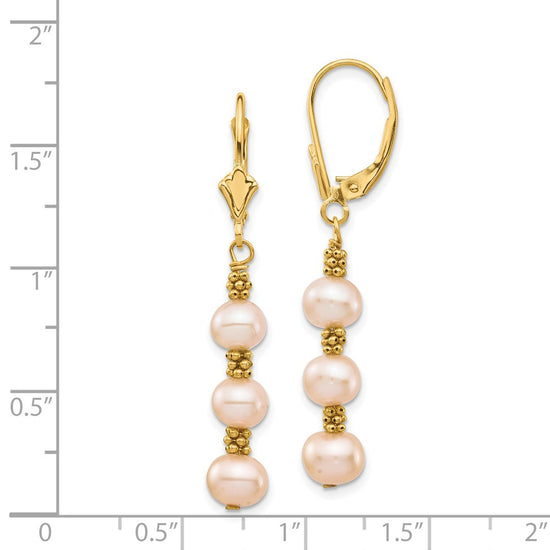 14k 5-6mm Pink Semi-Round Freshwater Cultured Pearl Dangle Leverback Earrings