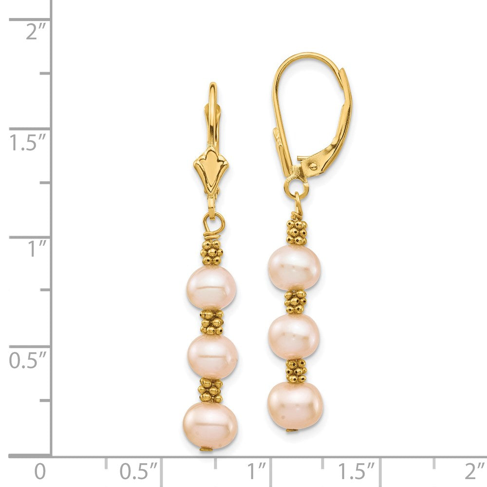 14k 5-6mm Pink Semi-Round Freshwater Cultured Pearl Dangle Leverback Earrings