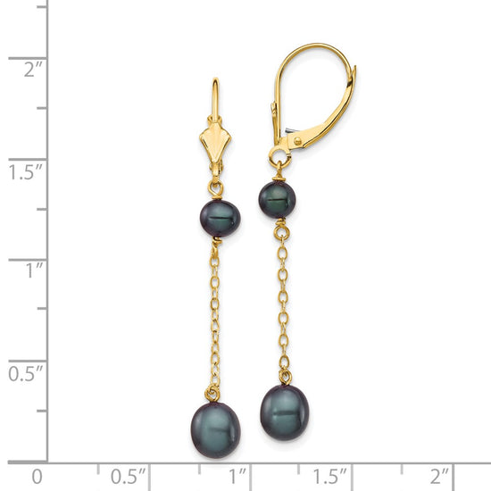 14k 5-7mm Black Rice and Semi-Round Freshwater Cultured Pearl Chain Dangle Leverback Earrings