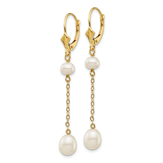 14k 5-7mm White Rice and Semi-Round Freshwater Cultured Pearl Chain Dangle Leverback Earrings