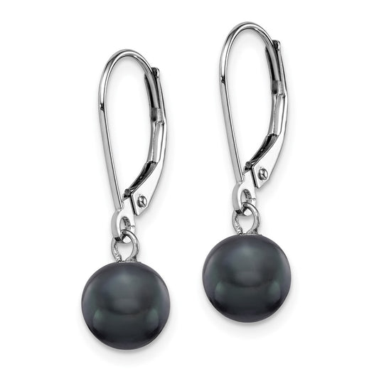 14k White Gold 7-8mm Black Round Freshwater Cultured Pearl Dangle Leverback Earrings