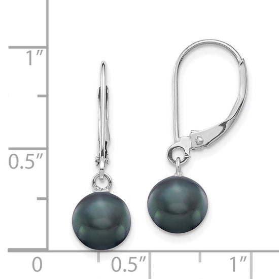 14k White Gold 7-8mm Black Round Freshwater Cultured Pearl Dangle Leverback Earrings