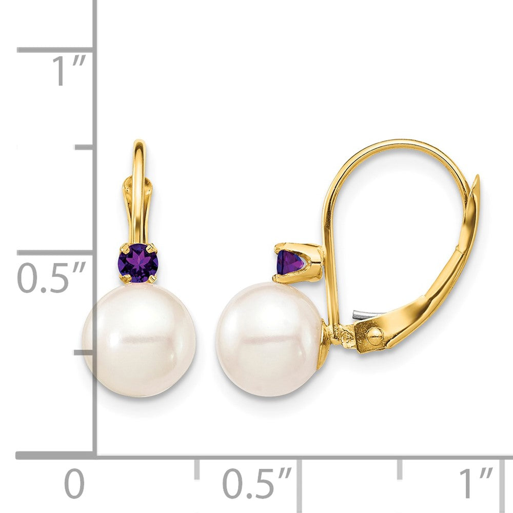 14k 7-7.5mm White Round Freshwater Cultured Pearl and .14AM Amethyst Leverback Earrings