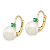 14k 8-8.5mm White Round Freshwater Cultured Pearl and .18EM Emerald Leverback Earrings
