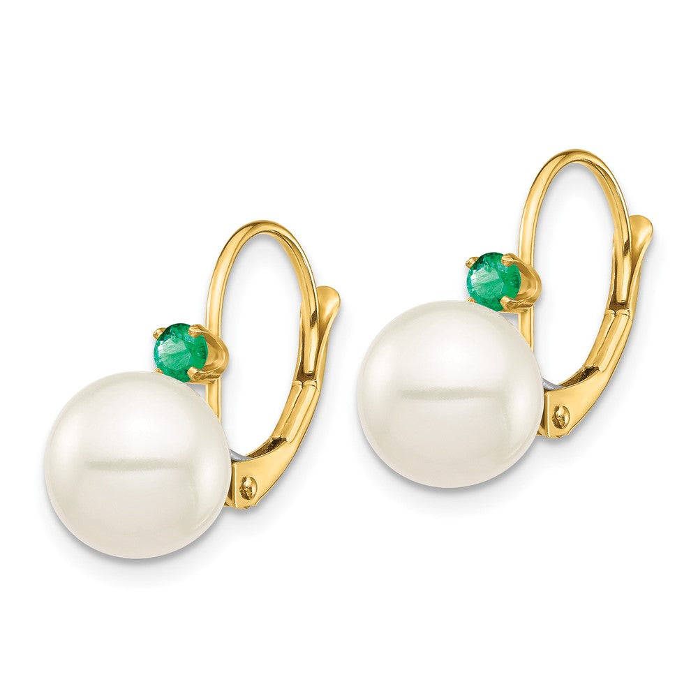 14k 8-8.5mm White Round Freshwater Cultured Pearl and .18EM Emerald Leverback Earrings