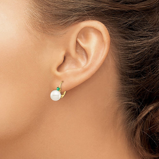 14k 8-8.5mm White Round Freshwater Cultured Pearl and .18EM Emerald Leverback Earrings
