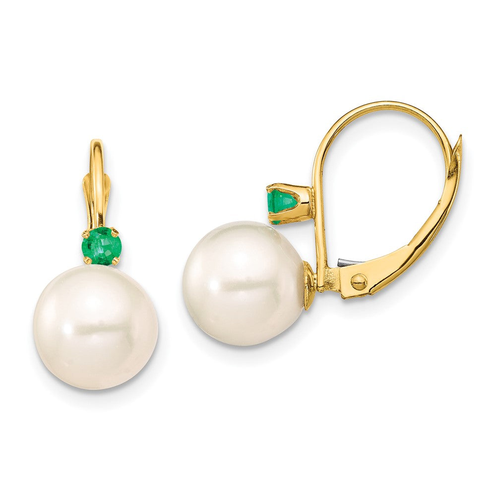 14k 8-8.5mm White Round Freshwater Cultured Pearl and .18EM Emerald Leverback Earrings
