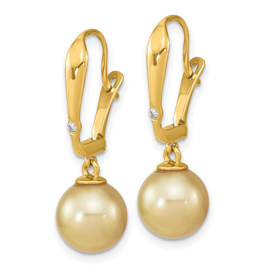 14k 9-10mm Round Golden South Sea Saltwater Cultured Pearl and .02 Carat Diamond Post Earrings